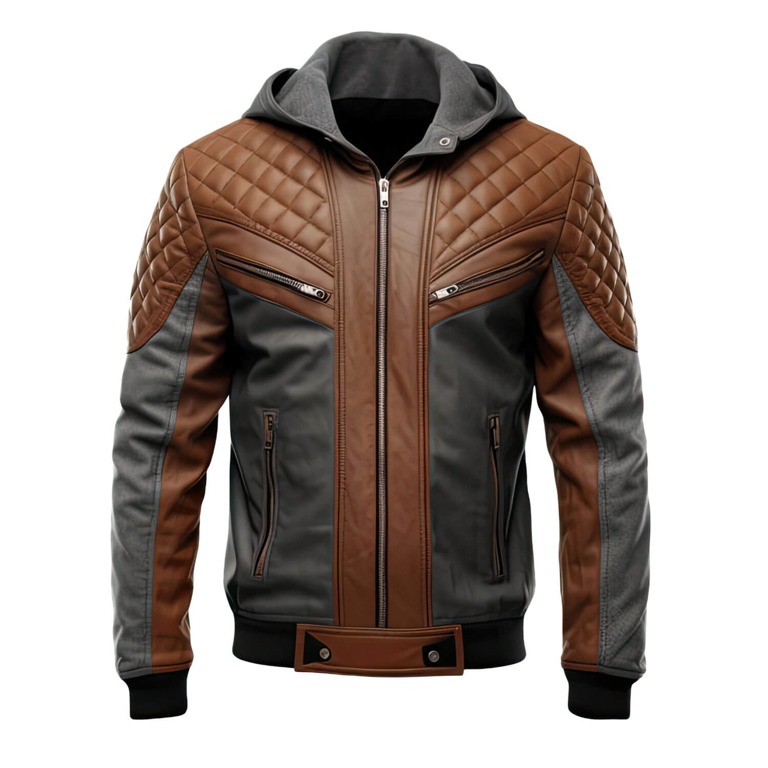 Men's Charcoal Grey Brown Genuine Sheepskin Diamond Quilted Biker Hooded Stylish Zip-Up Moto Bomber Leather Jacket - Front View - AceCart