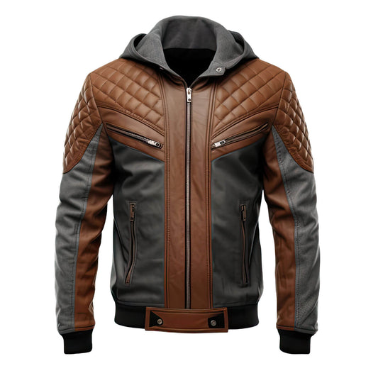 Men's Charcoal Grey Brown Genuine Sheepskin Diamond Quilted Biker Hooded Stylish Zip-Up Moto Bomber Leather Jacket - Front View - AceCart