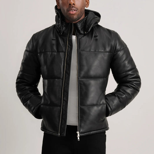 Ace Black Hooded Sheep Leather Puffer Jacket