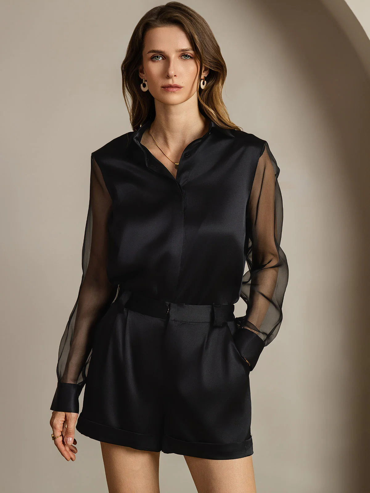 Women's Silk Shirt With Sheer Sleeve Black