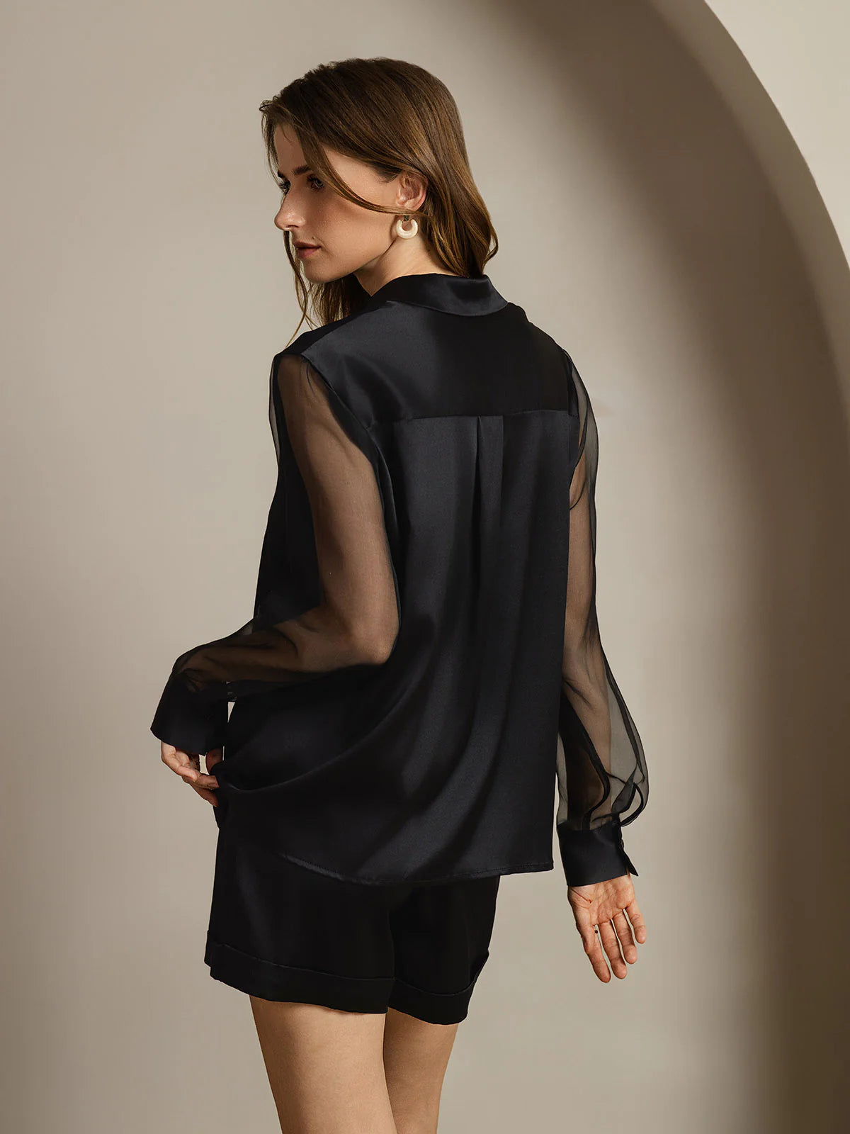 Women's Silk Shirt With Sheer Sleeve Black