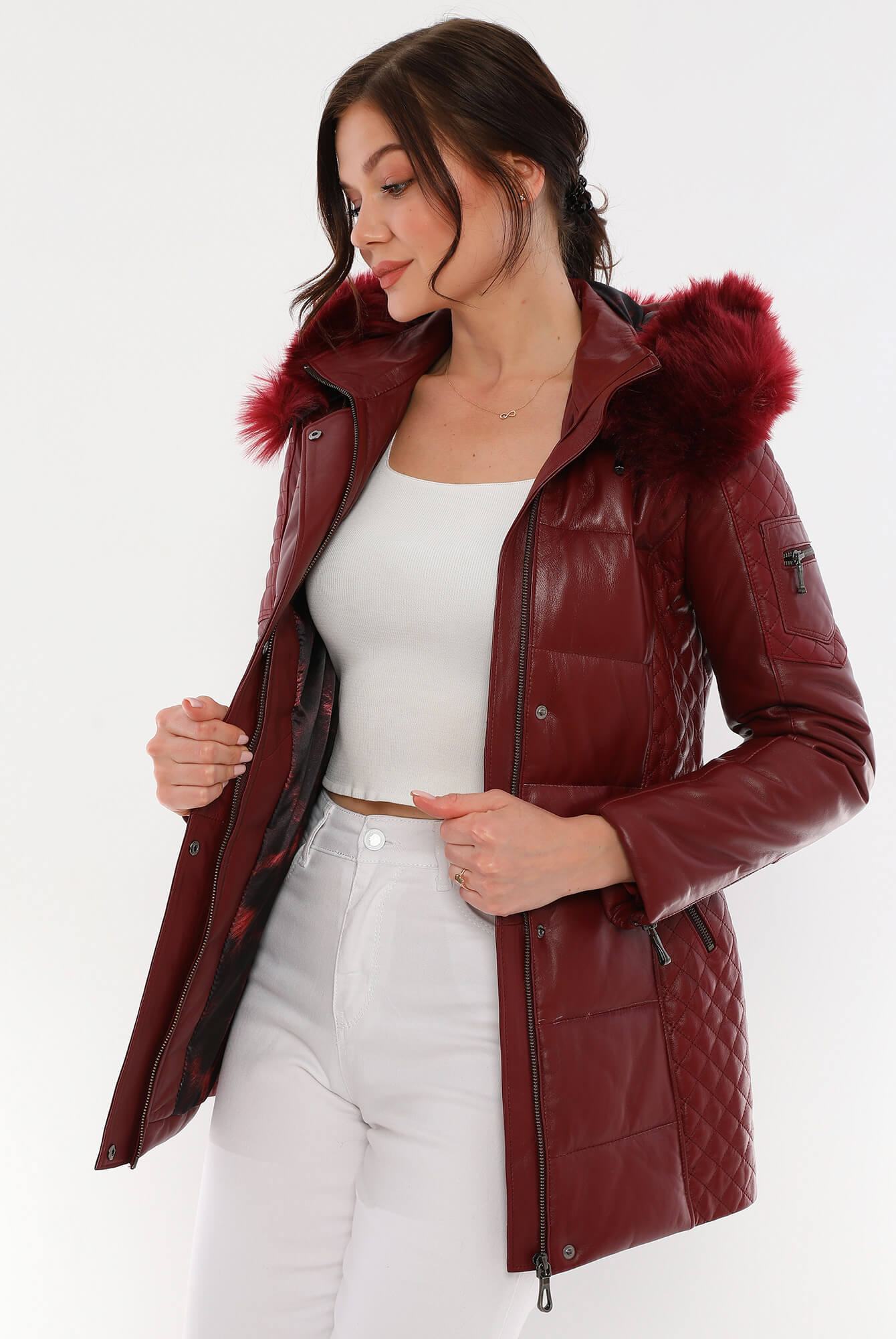 Chloe Maroon Fur Hood Leather Jacket For Women