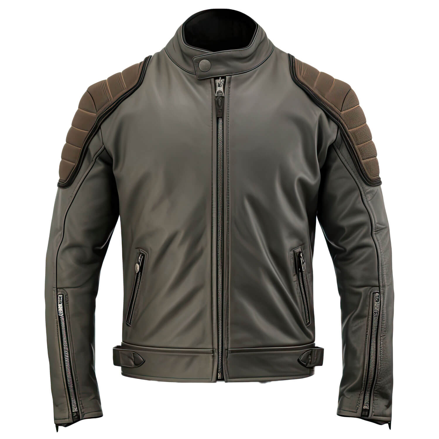 Men's Charcoal Grey Brown Genuine Sheepskin Classy Stand Collar Moto Multiple Zipper Soft Casual Café Racer Leather Jacket - Front View - AceCart