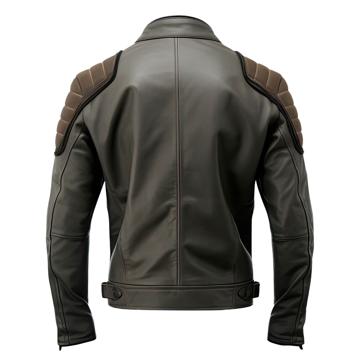 Men's Charcoal Grey Brown Genuine Sheepskin Classy Stand Collar Moto Multiple Zipper Soft Casual Café Racer Leather Jacket - Back View - AceCart