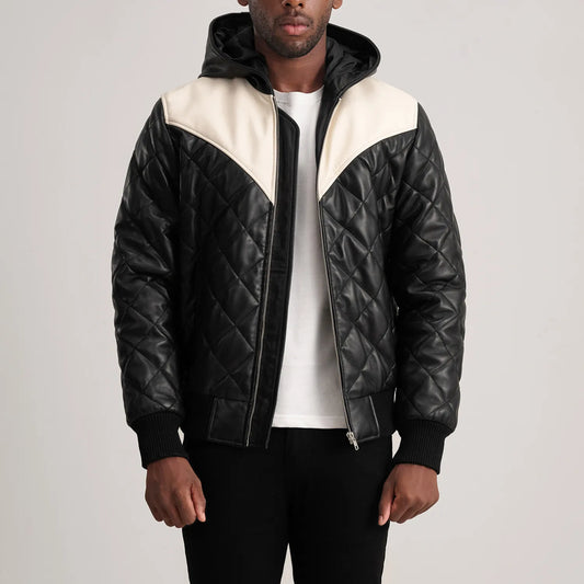 Ace Black-White Hooded Bomber Leather Puffer Jacket