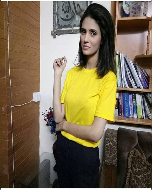 Yellow Plain Cotton Printed T-Shirt For - Front View - AceCart