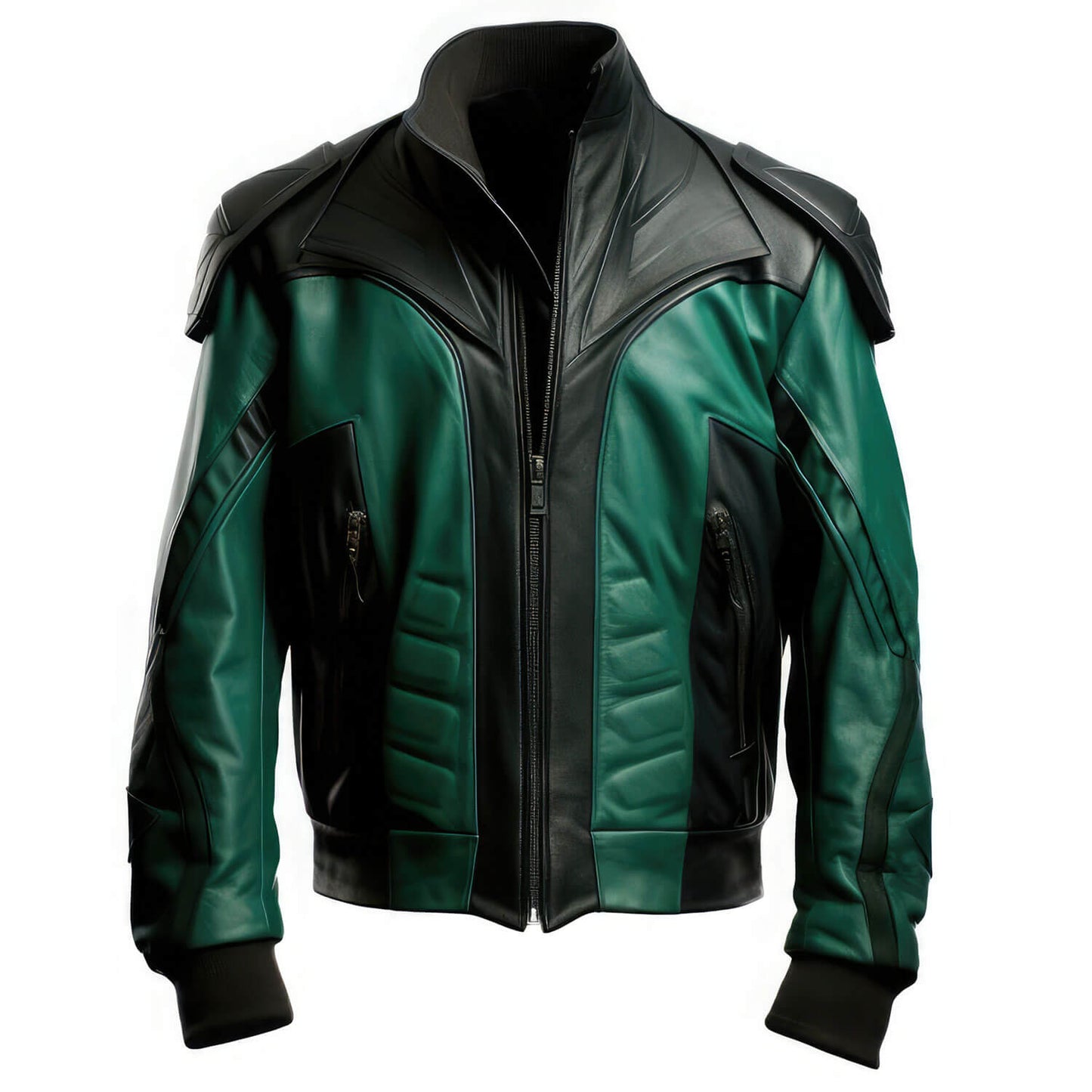 Men's Green Black Genuine Sheepskin Stand Collar Biker Racing Outfit Classy Punk Zip-up Bomber Soft Rib Knit Leather Jacket - Front View - AceCart