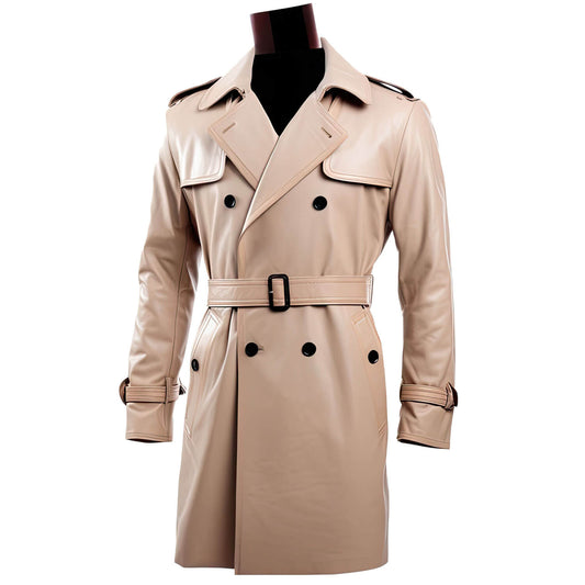 Men's Beige Genuine Sheepskin Notch Lapel Collar Casual Classy Office Outerwear Double Breasted Fashionable Leather Trench Coat - Front View - AceCart