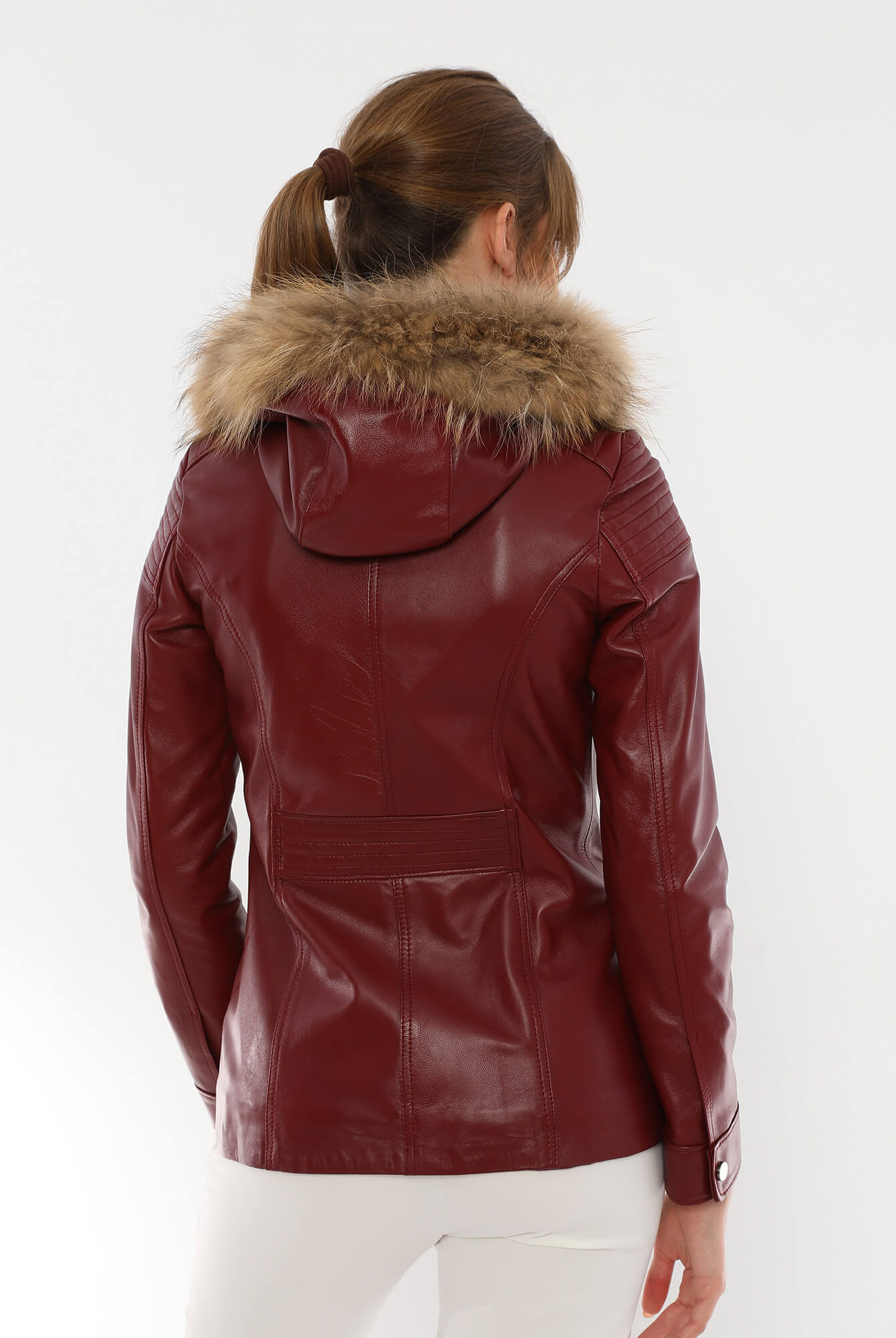 Veronica Maroon Hood Leather Jacket With Fur