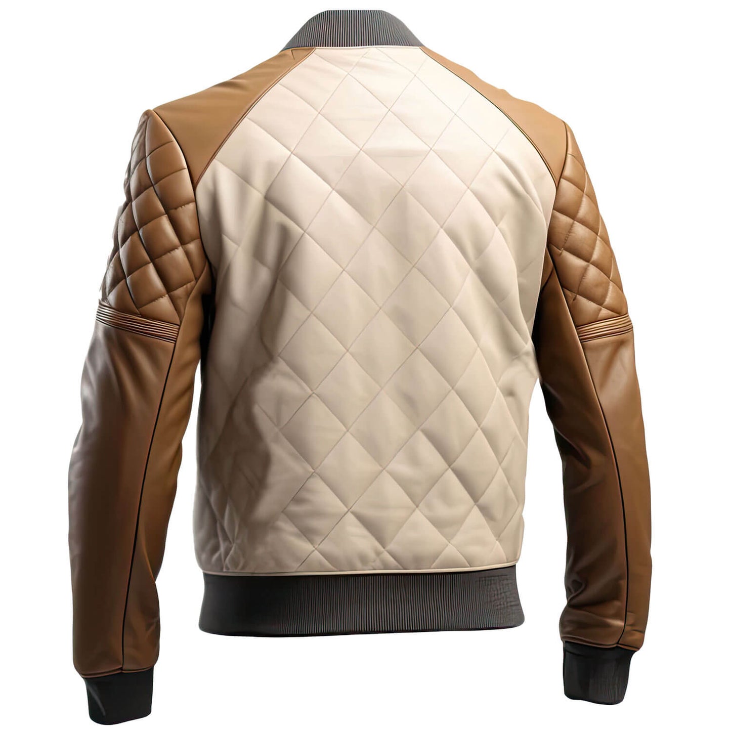 Men's Brown Beige Genuine Sheepskin Baseball Collar Classy Casual Sporty Scooter Diamond Quilted Bomber Leather Jacket - Back View - AceCart