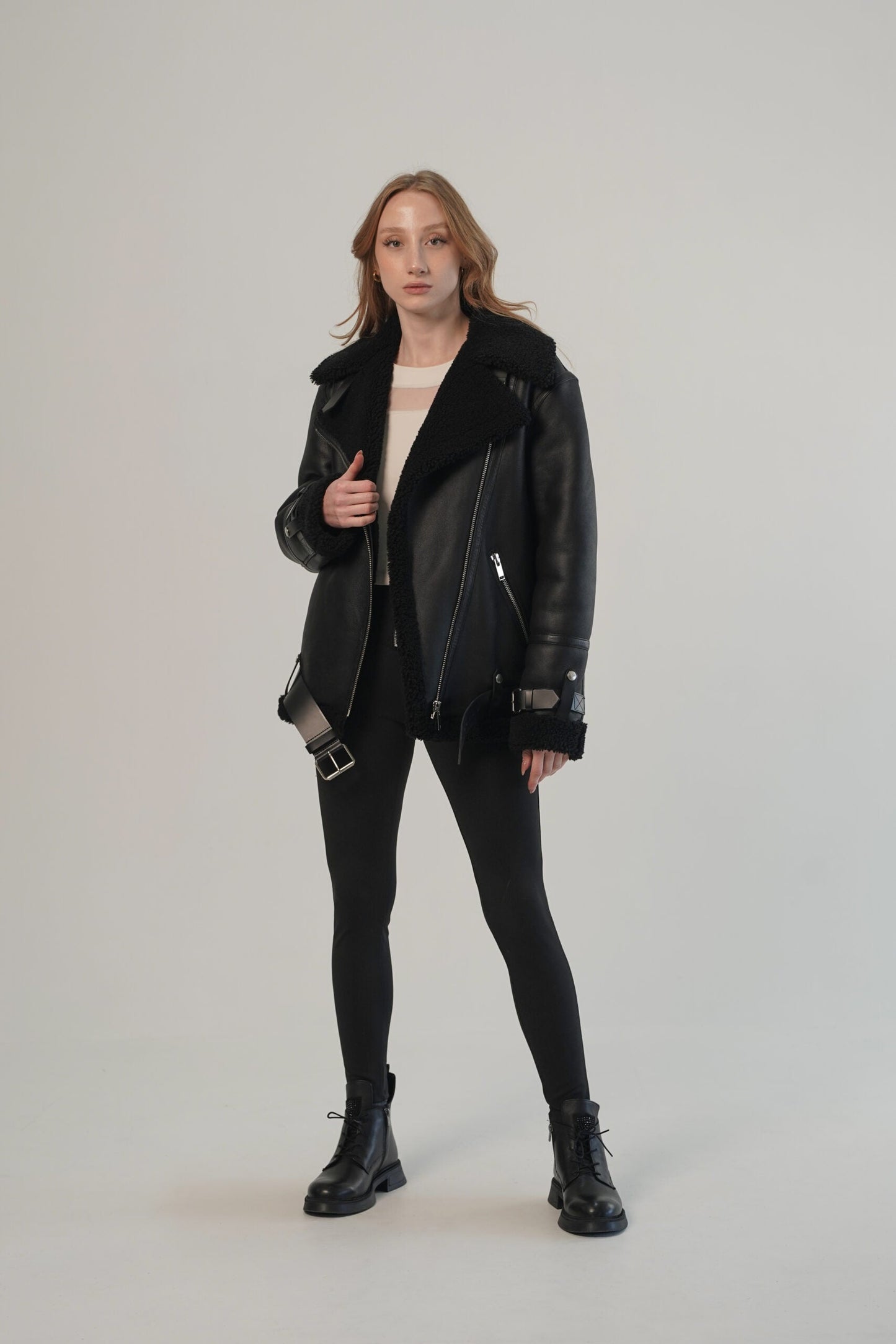 Black Biker Leather Shearling Jacket For Women