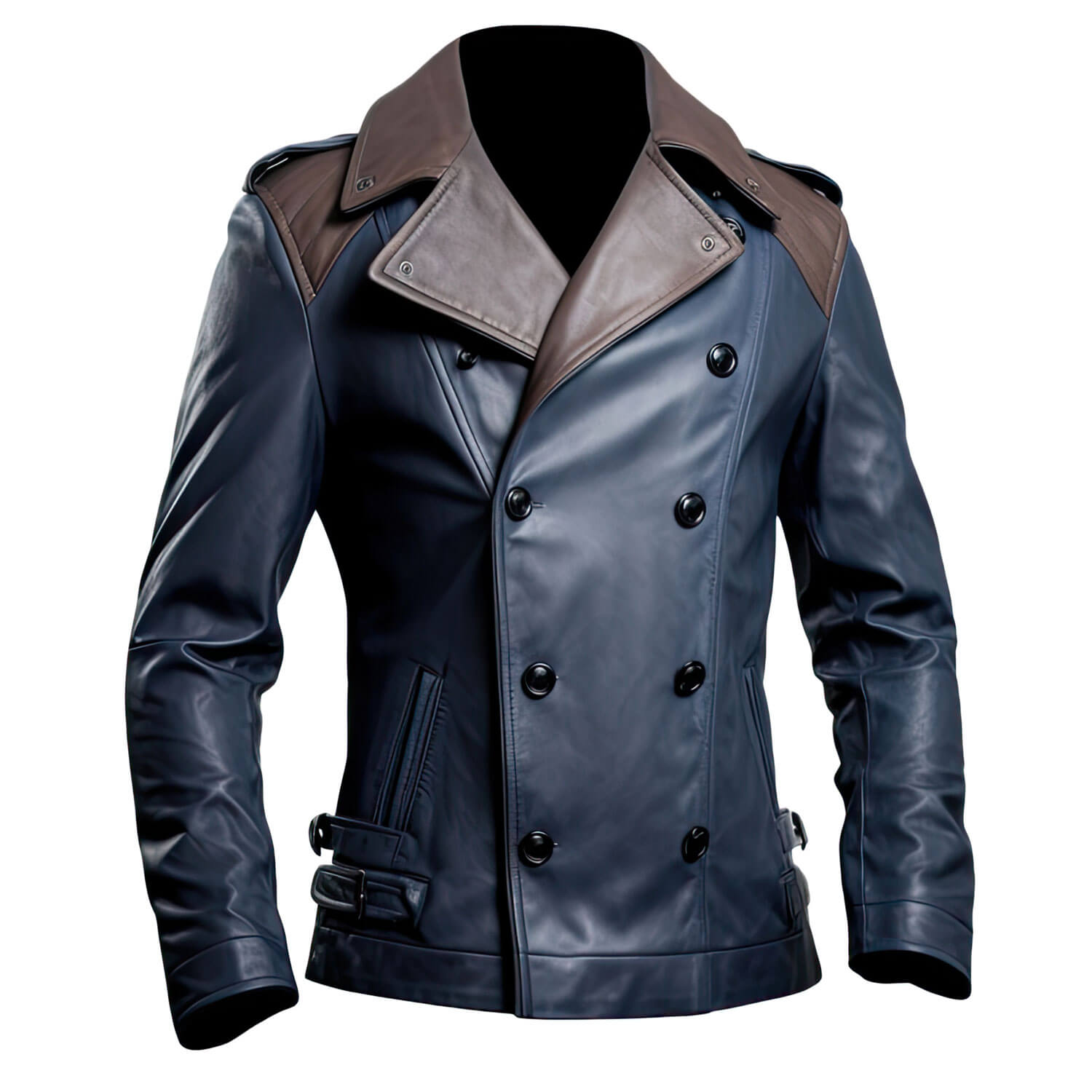 Men's Navy Blue Brown Genuine Sheepskin Notch Lapel Collar Classy Smooth Outfit Double Breasted Leather Trench Coat - Front View - AceCart