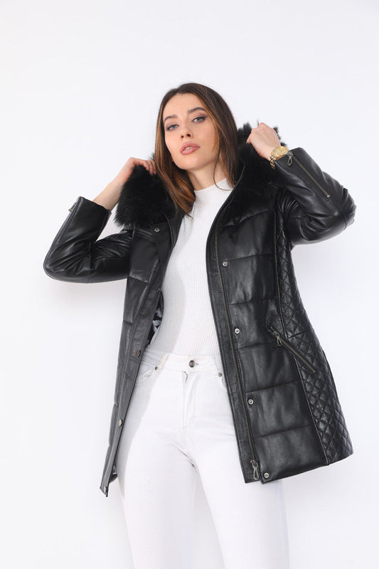 Chloe Black Fur Hood Leather Jacket For Women
