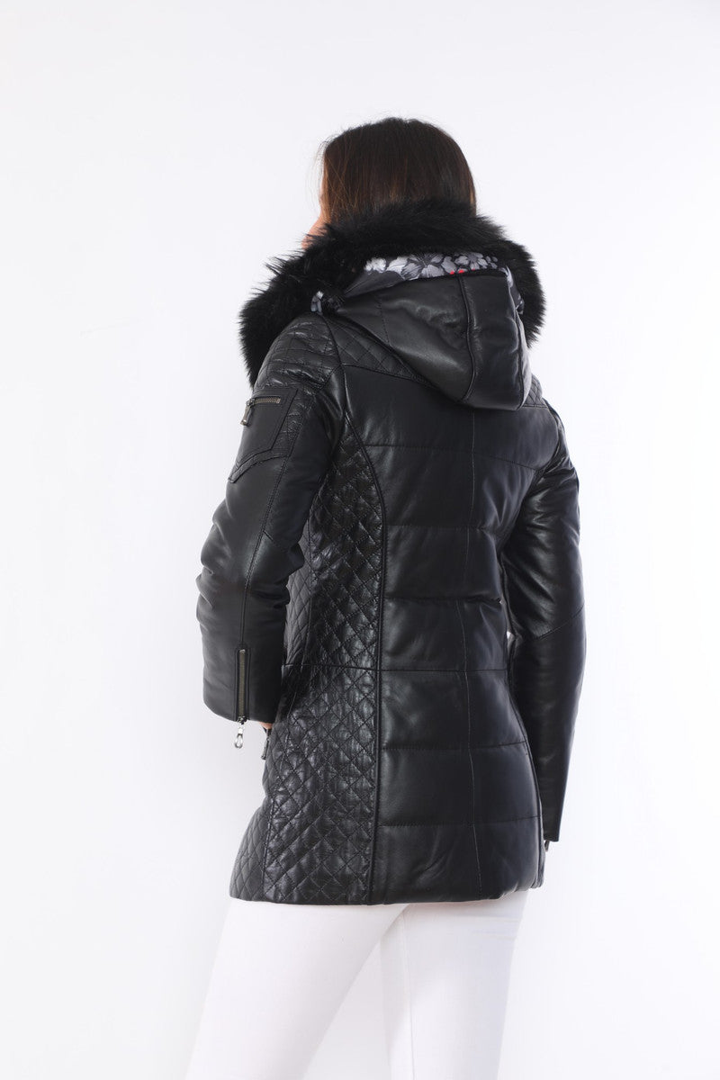 Chloe Black Fur Hood Leather Jacket For Women
