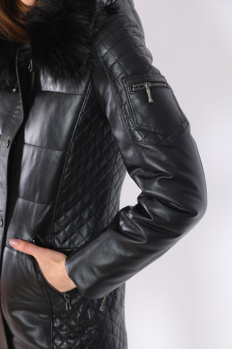 Chloe Black Fur Hood Leather Jacket For Women