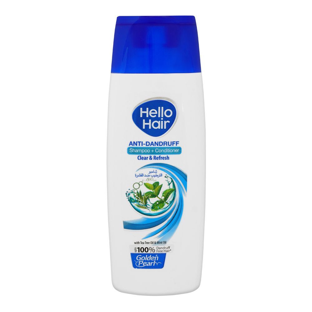 Golden Pearl Hello Hair Anti-Dandruff Shampoo + Conditioner, Clear & Fresh With Tea Tree Oil & Mint Oil, Upto 100% Dandruff Free Hair, 385ml - Front View