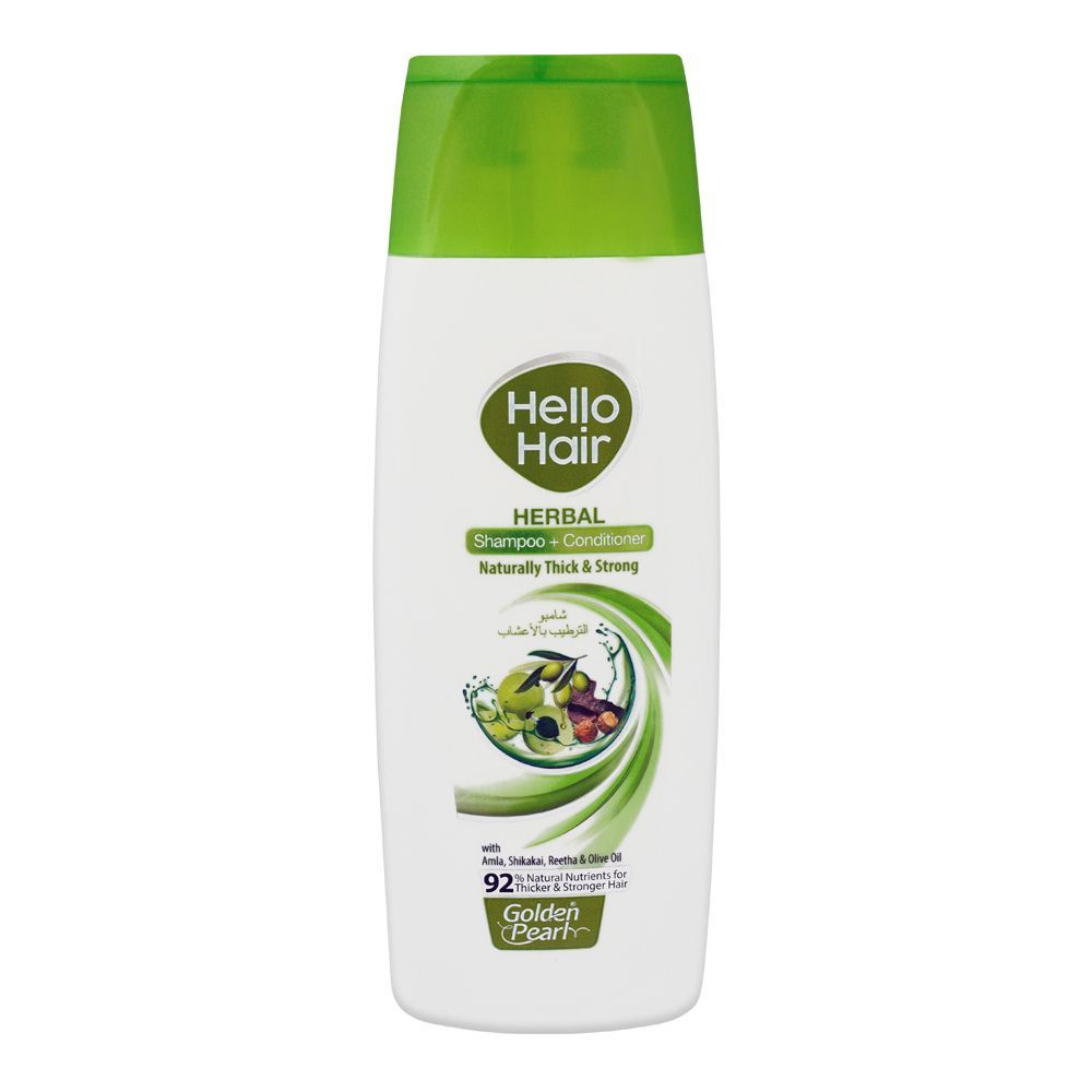 Golden Pearl Hello Hair Herbal Shampoo + Conditioner, Naturally Thick & Strong With Amla, Shikakai, Reetha & Olive Oil, 92% Natural Nutrients For Thicker & Stronger Hair, 385ml - Front View