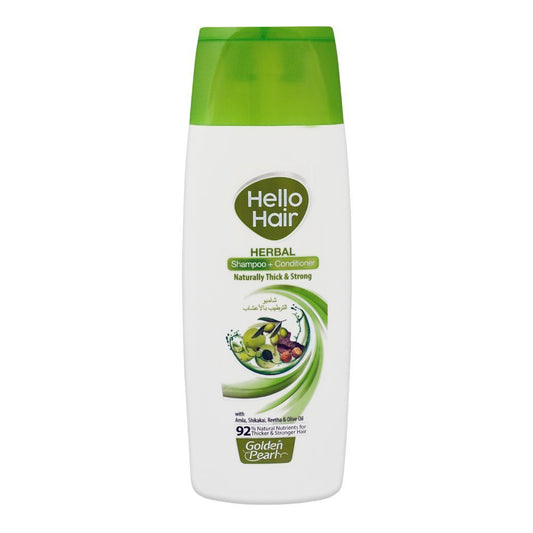 Golden Pearl Hello Hair Herbal Shampoo + Conditioner, Naturally Thick & Strong With Amla, Shikakai, Reetha & Olive Oil, 92% Natural Nutrients For Thicker & Stronger Hair, 385ml - Front View