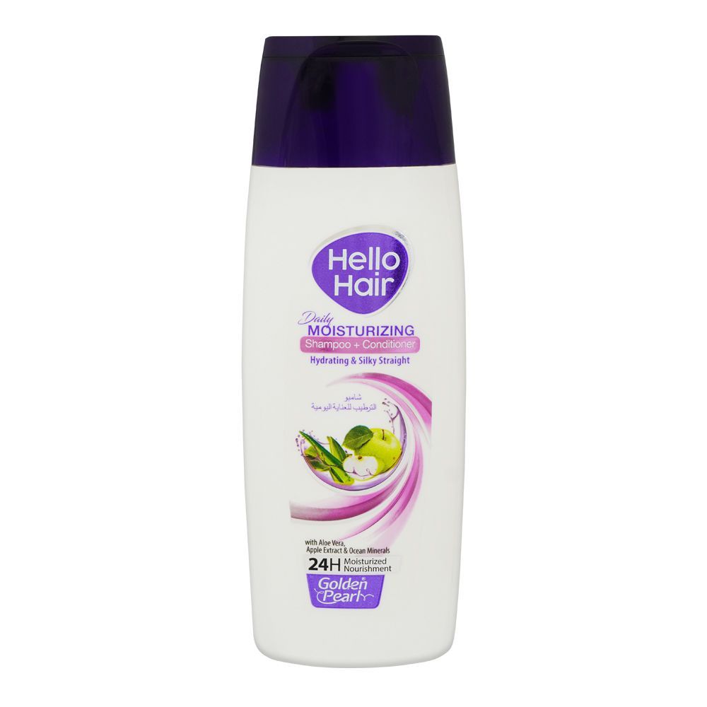 Golden Pearl Hello Hair Daily Moisturizing Shampoo + Conditioner, Hydrating & Silky Straight With Aloe Vera, Apple Extract & Ocean Minerals, 24Hrs Moisturized Nourishment, 385ml - Front View