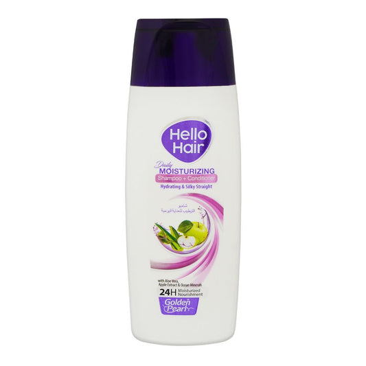 Golden Pearl Hello Hair Daily Moisturizing Shampoo + Conditioner, Hydrating & Silky Straight With Aloe Vera, Apple Extract & Ocean Minerals, 24Hrs Moisturized Nourishment, 385ml - Front View