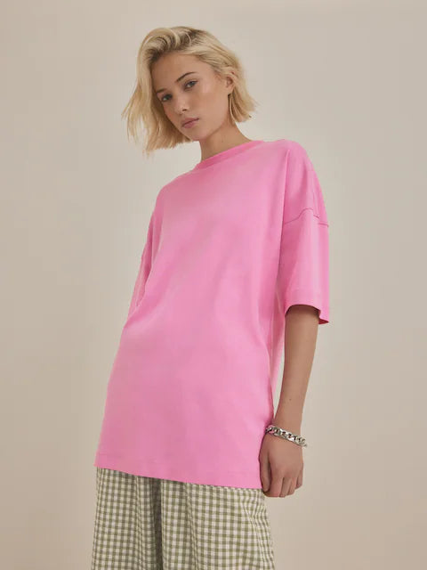 Bright Pink Cotton Relaxed Fit Oversized T-Shirt For Women's