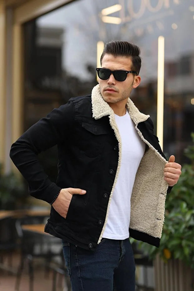 Premium Black Denim Jacket with Off White Fur Lining