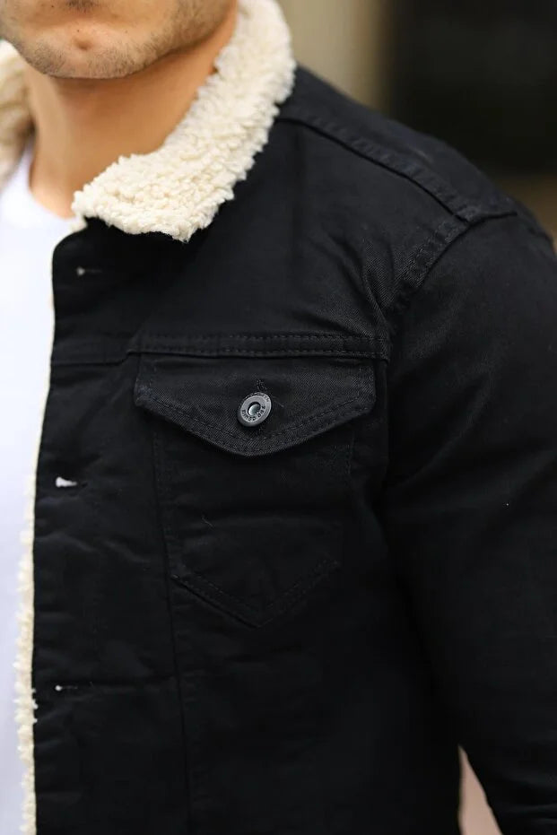 Premium Black Denim Jacket with Off White Fur Lining