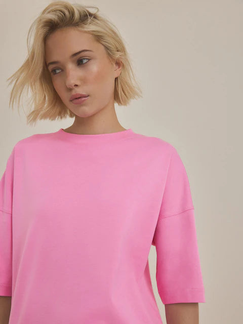 Bright Pink Cotton Relaxed Fit Oversized T-Shirt For Women's