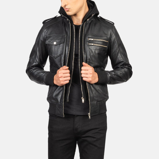 Black Hooded Genuine Leather Bomber Jacket