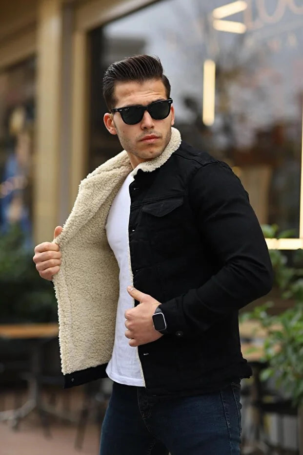 Premium Black Denim Jacket with Off White Fur Lining
