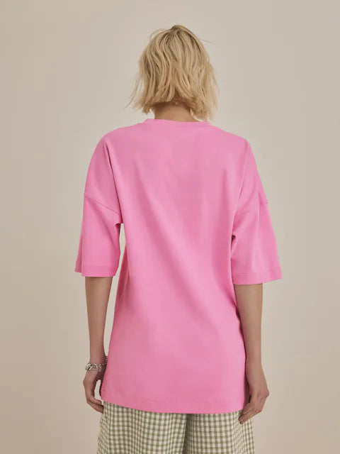 Bright Pink Cotton Relaxed Fit Oversized T-Shirt For Women's