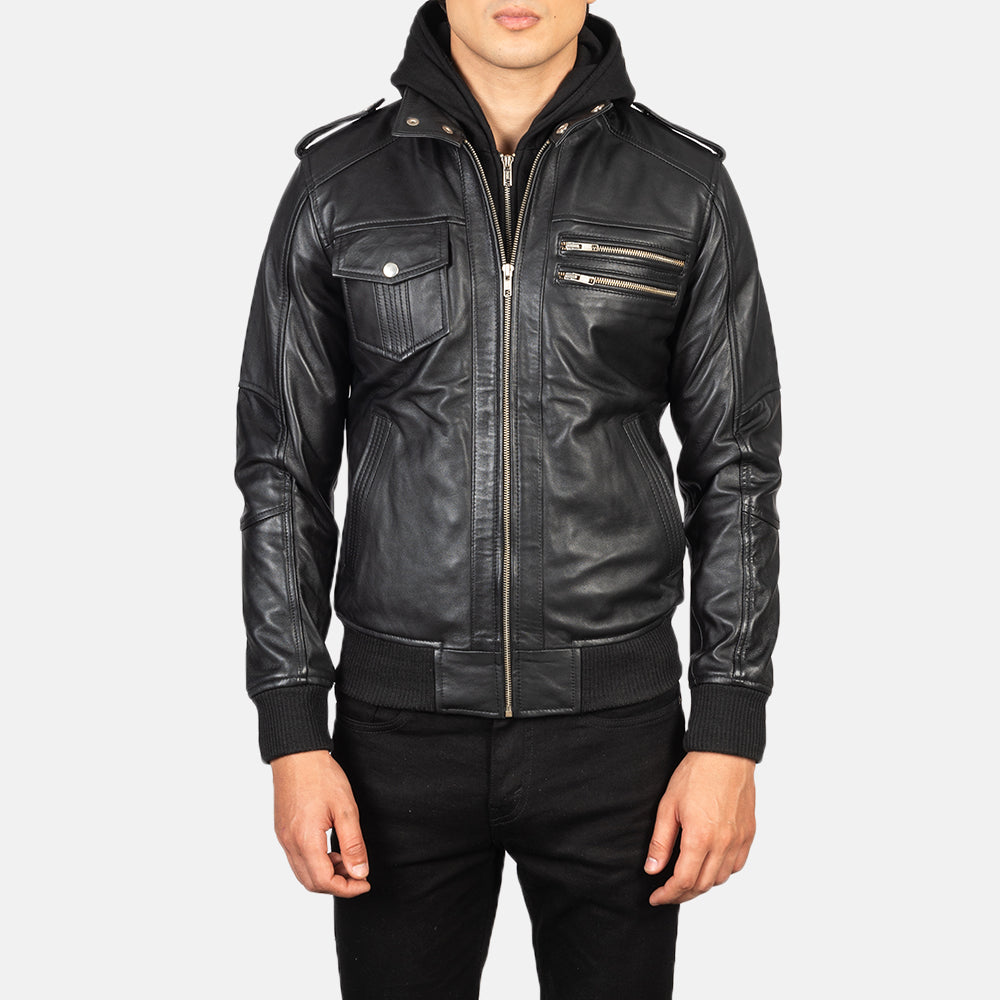 Black Hooded Genuine Leather Bomber Jacket