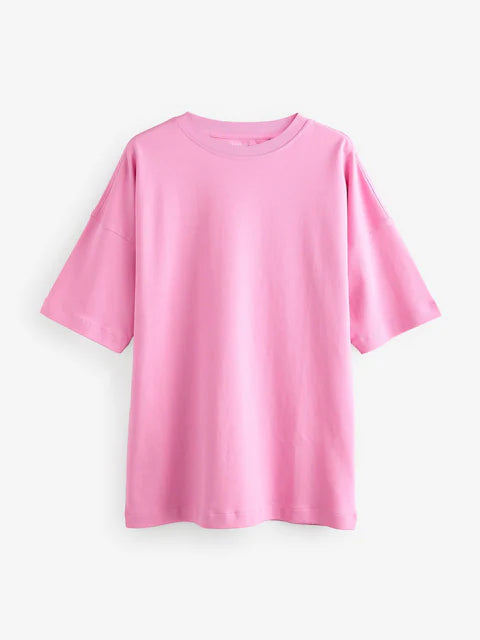 Bright Pink Cotton Relaxed Fit Oversized T-Shirt For Women's