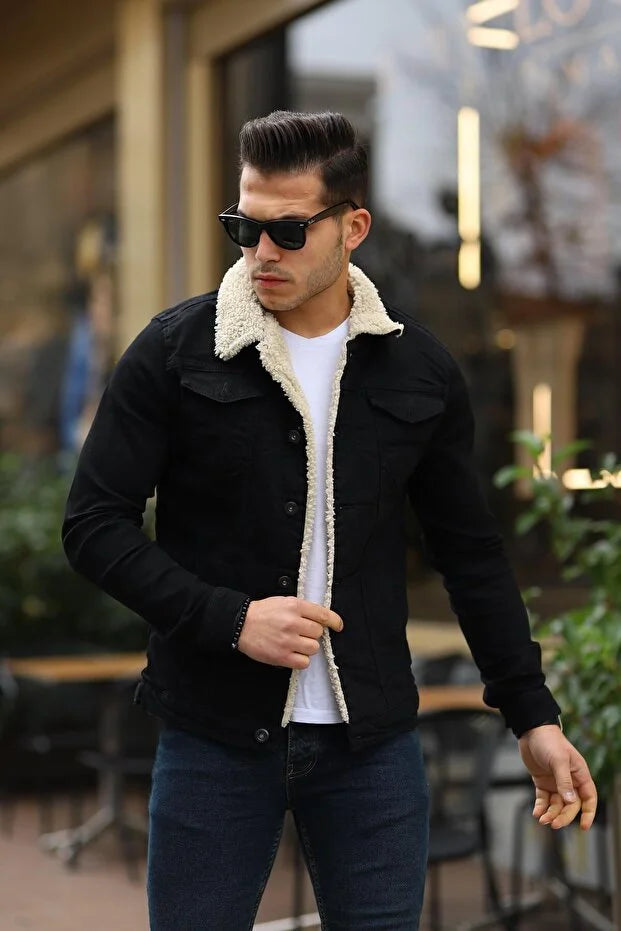 Premium Black Denim Jacket with Off White Fur Lining