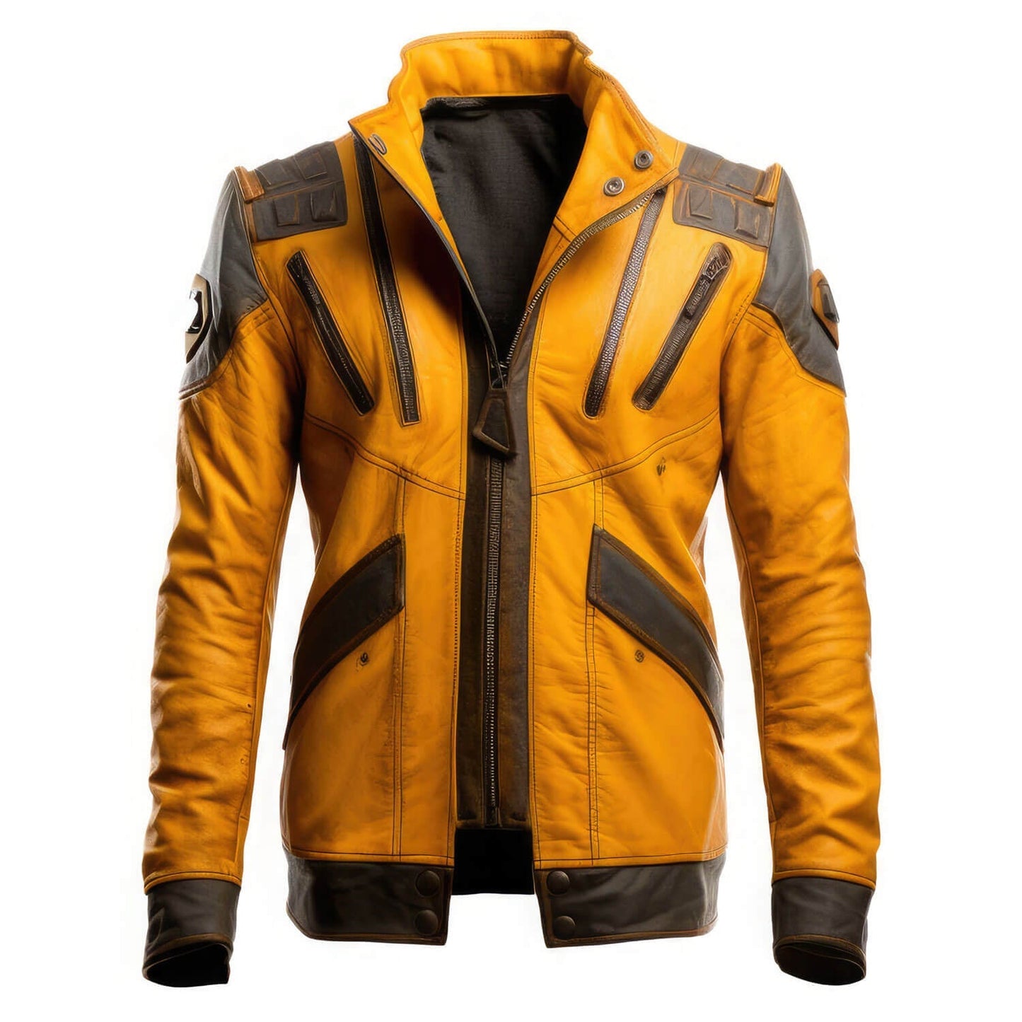 Men's Brown Mustard Yellow Genuine Sheepskin Stand Collar Vintage Outerwear Winter Warm Military Style Leather Jacket - Front View - AceCart