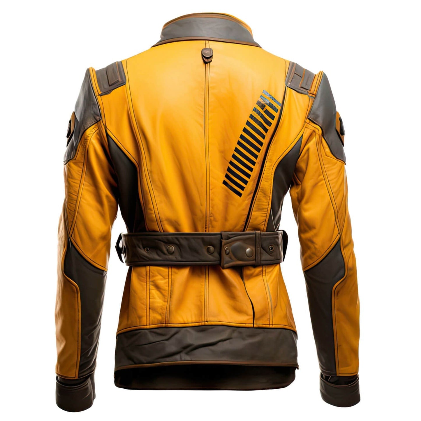 Men's Brown Mustard Yellow Genuine Sheepskin Stand Collar Vintage Outerwear Winter Warm Military Style Leather Jacket - Back View - AceCart