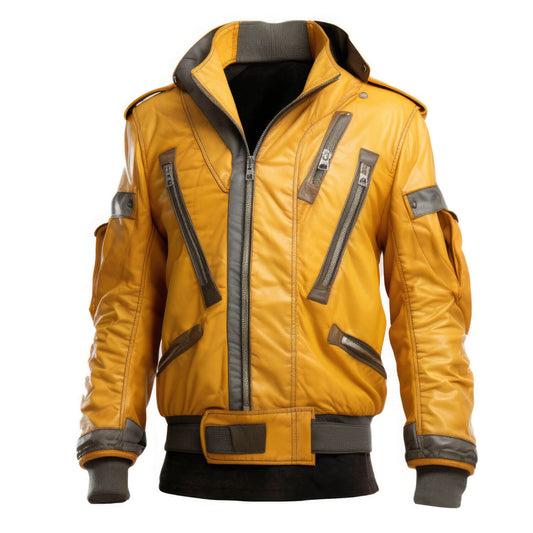 Men's Mustard Yellow Grey Genuine Sheepskin Stand Collar Baggy Style Miliary Style Multi-Zippered Bomber Leather Jacket - Front View - AceCart