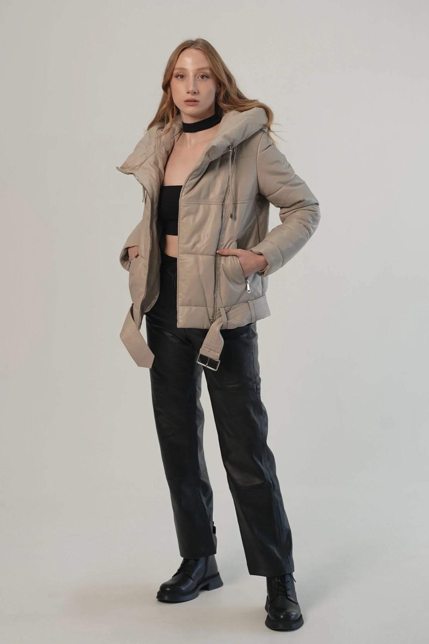 Ace Puffer Beige Hood Genuine Leather Jacket