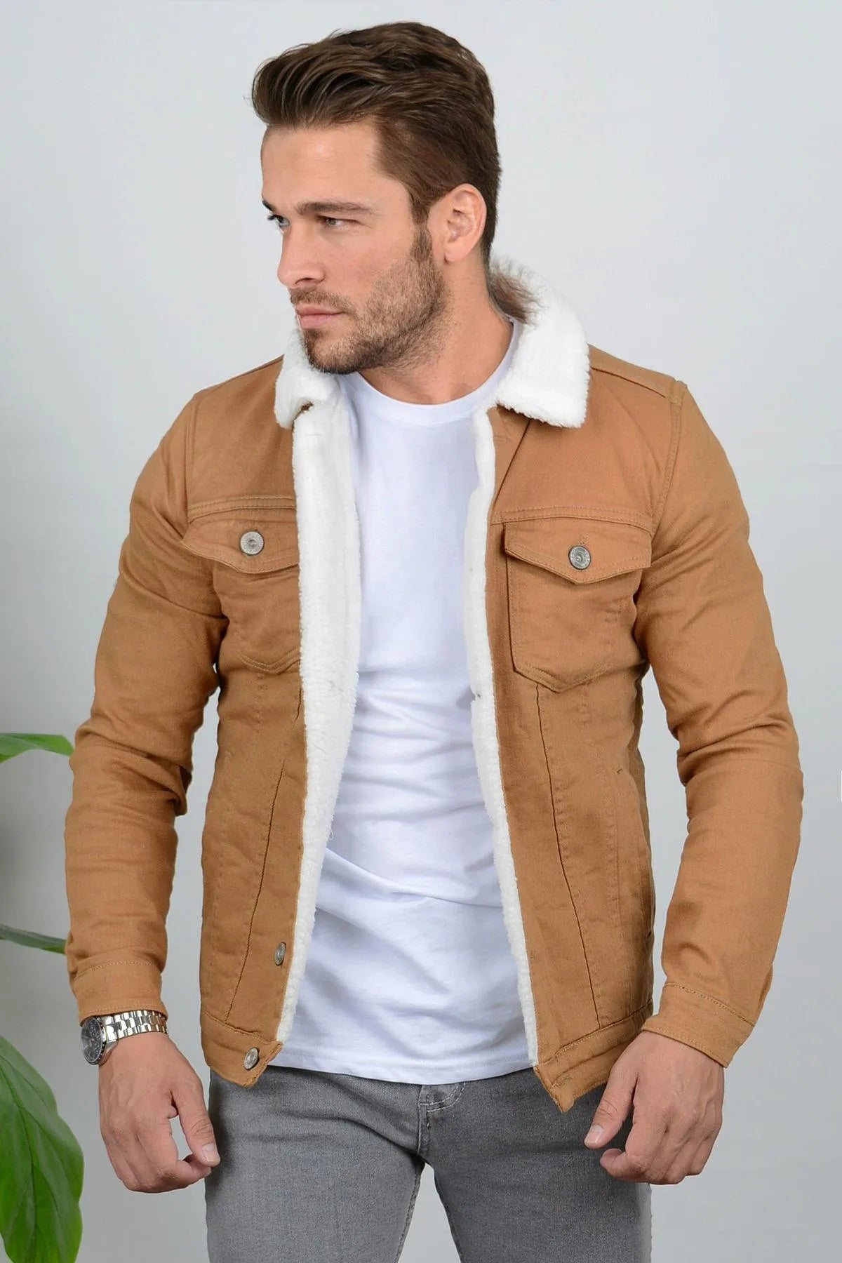 Tan denim jacket with fur cheap