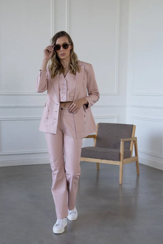 Ace Rose Pink Leather Blazer For Women (2 Piece)