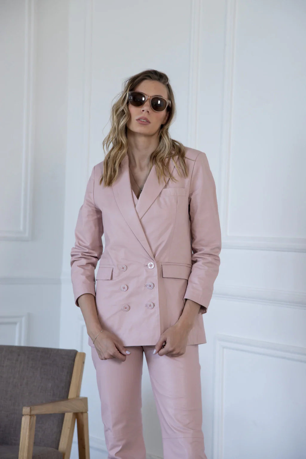 Ace Rose Pink Leather Blazer For Women (2 Piece)