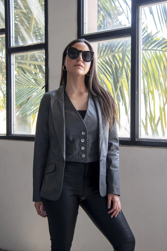 Ace Grey Leather Blazer For Women (2 Piece)