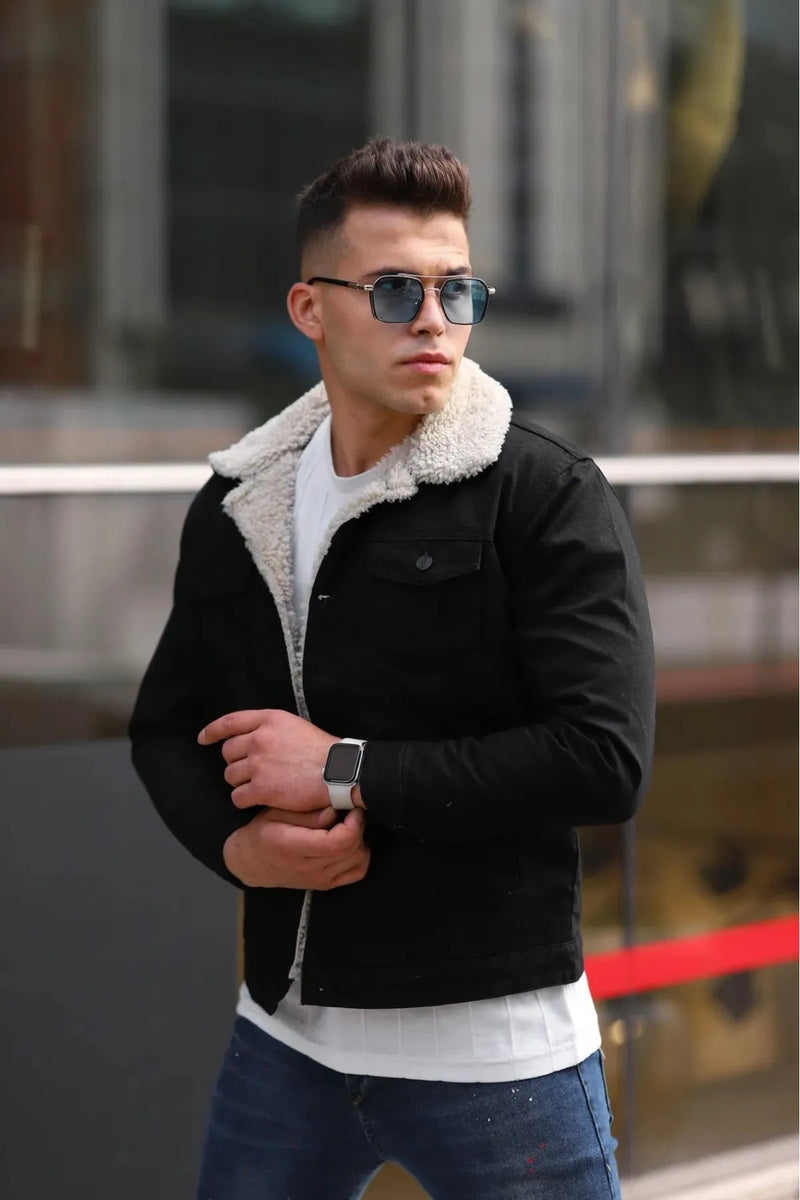 Mens black denim jacket with white fur online