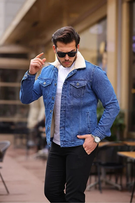 Premium Blue Denim Jacket with Off White Fur Lining