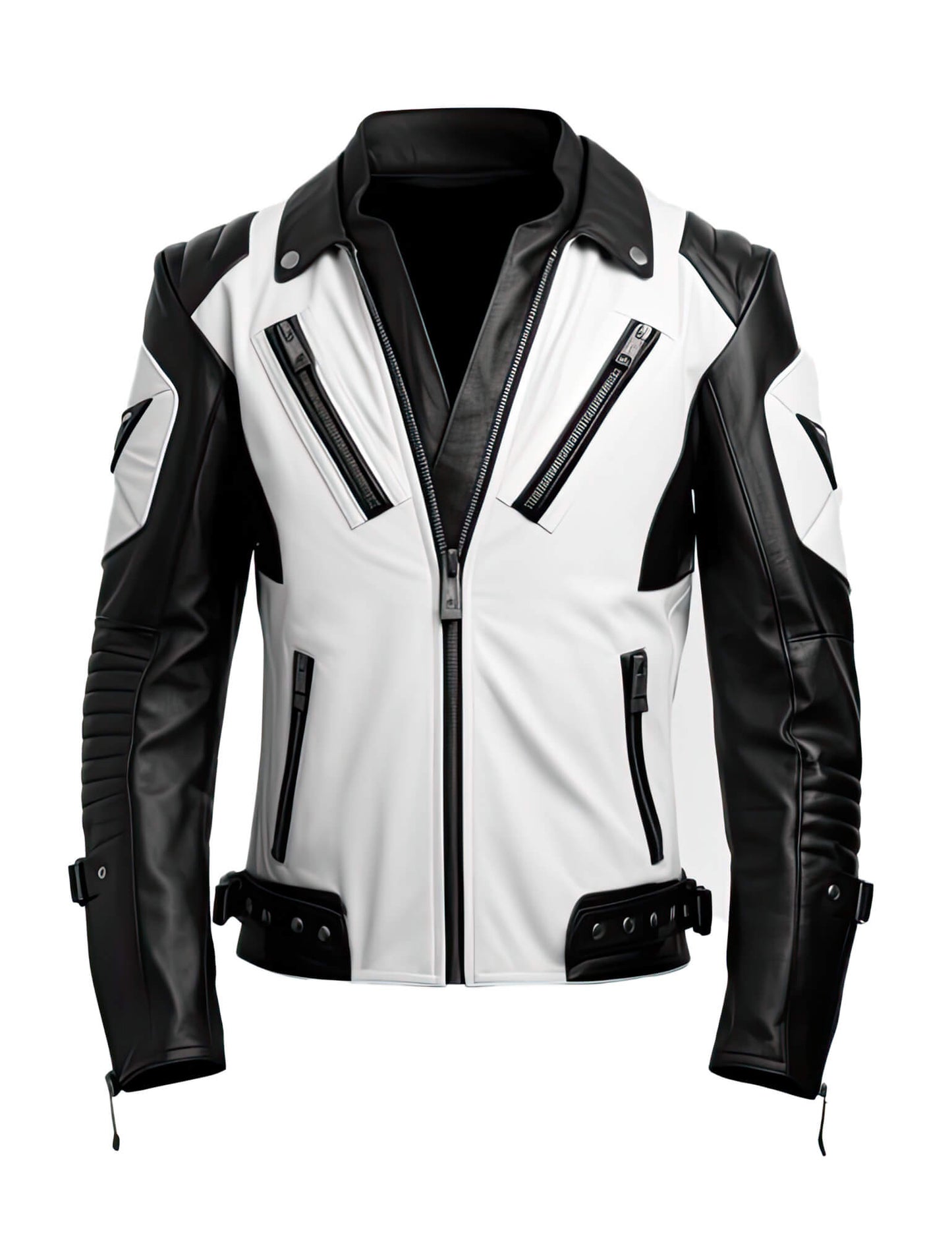 Men's White Black Genuine Sheepskin Stand Collar V-Neck Quilted Belted Soft Casual Slim-fit Moto Biker Leather Jacket - Front View - AceCart