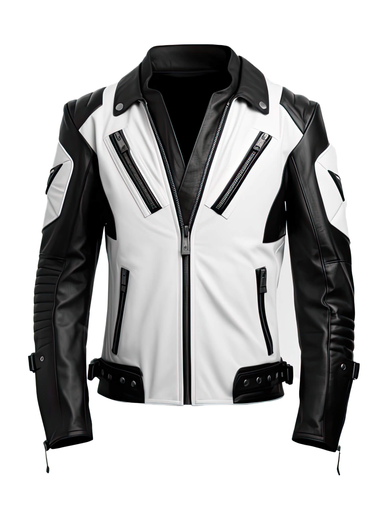 Men's White Black Genuine Sheepskin Stand Collar V-Neck Quilted Belted Soft Casual Slim-fit Moto Biker Leather Jacket - Front View - AceCart