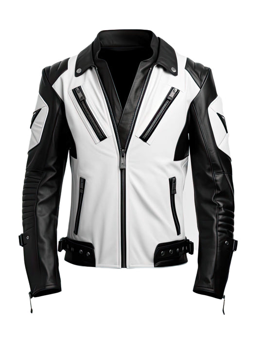 Men's White Black Genuine Sheepskin Stand Collar V-Neck Quilted Belted Soft Casual Slim-fit Moto Biker Leather Jacket - Front View - AceCart