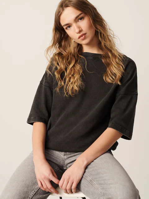 Charcoal Grey Cotton Relaxed Fit Oversized T-Shirt For Women's