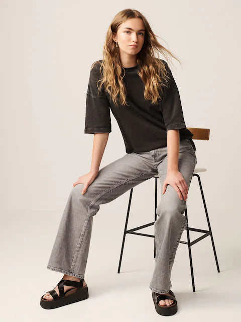 Charcoal Grey Cotton Relaxed Fit Oversized T-Shirt For Women's