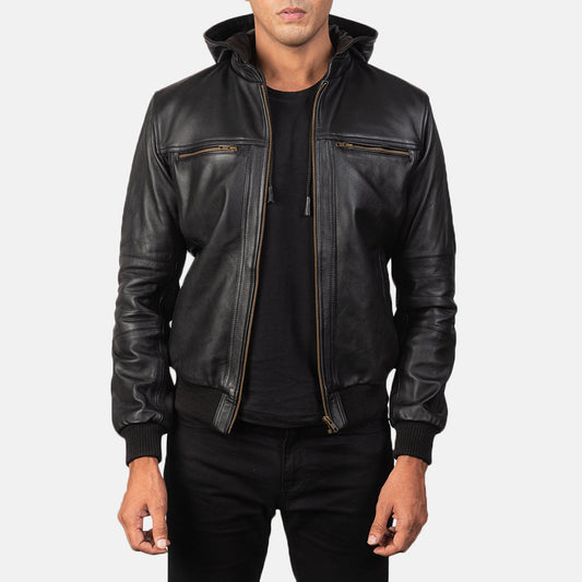 Black Leather Hooded Bomber Jacket